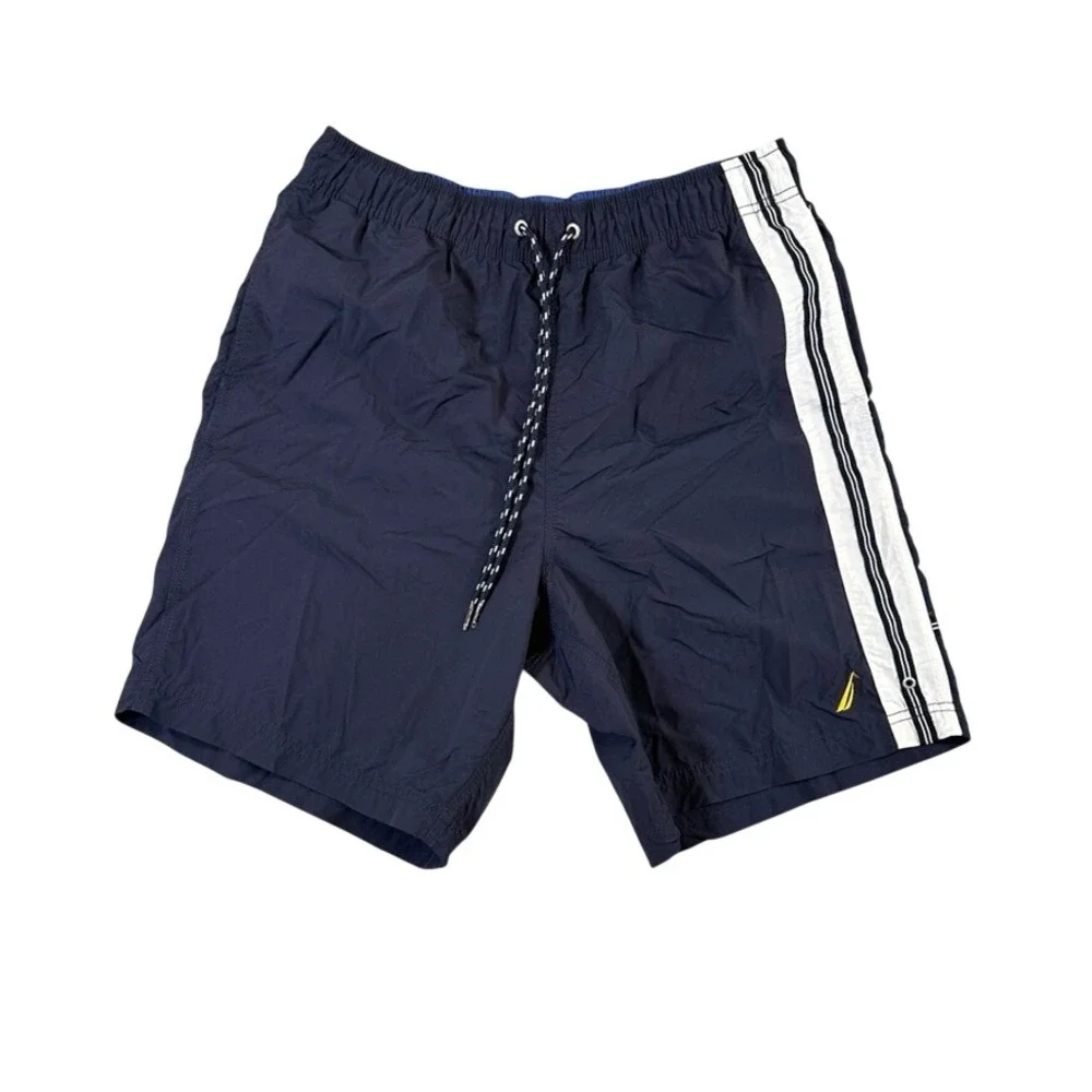 Nautica Mens Navy Blue Striped Swim Trunks Mesh Lined Board Shorts Size M
